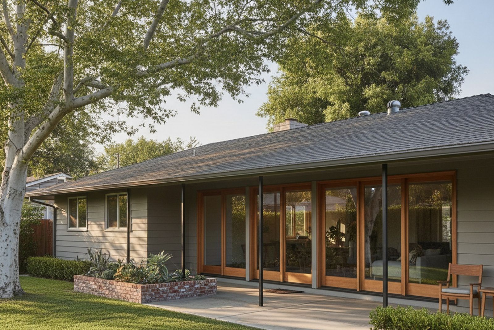 Long low California ranch house with a wide covered patio opening onto a lawn and mature trees