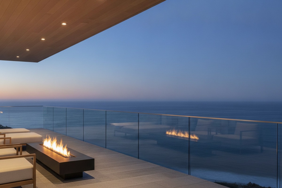Cantilevered coastal terrace at dusk with a glass guardrail, fire table and the ocean beyond