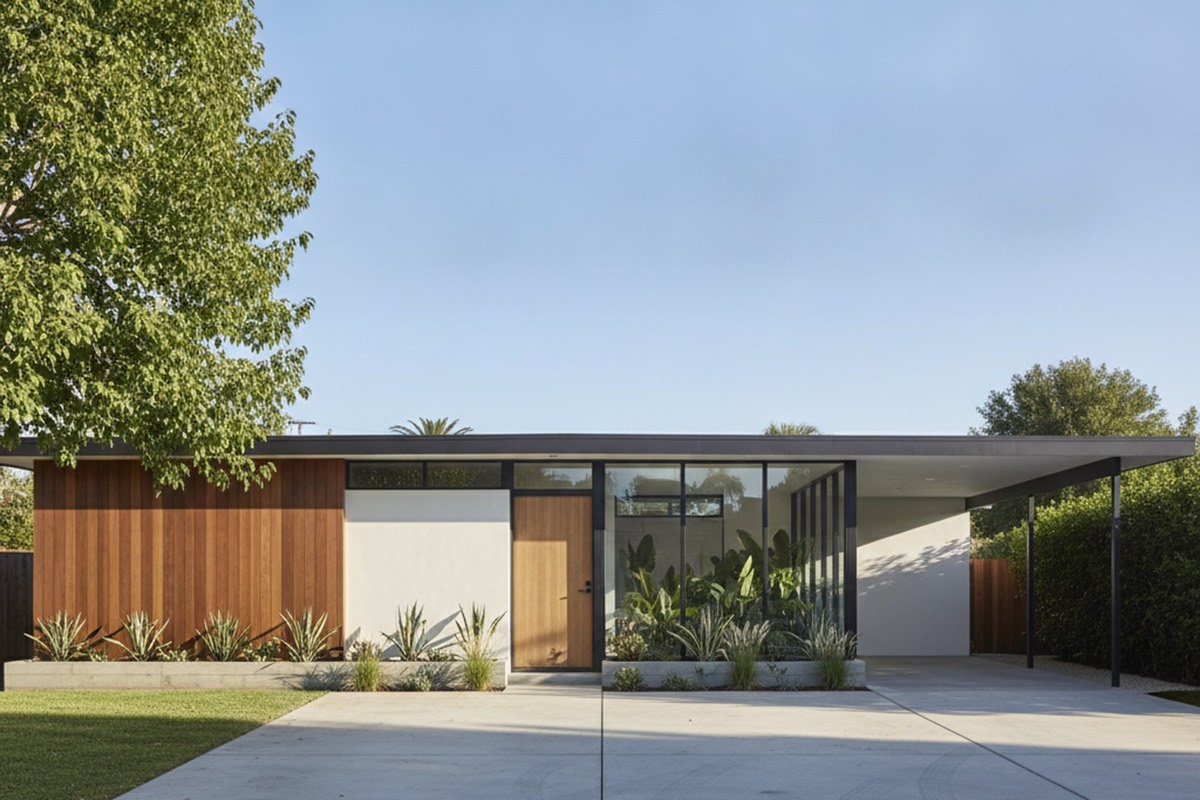 Restored 1960s Eichler-style facade with a flat roof, vertical siding, a glass atrium entry and a carport