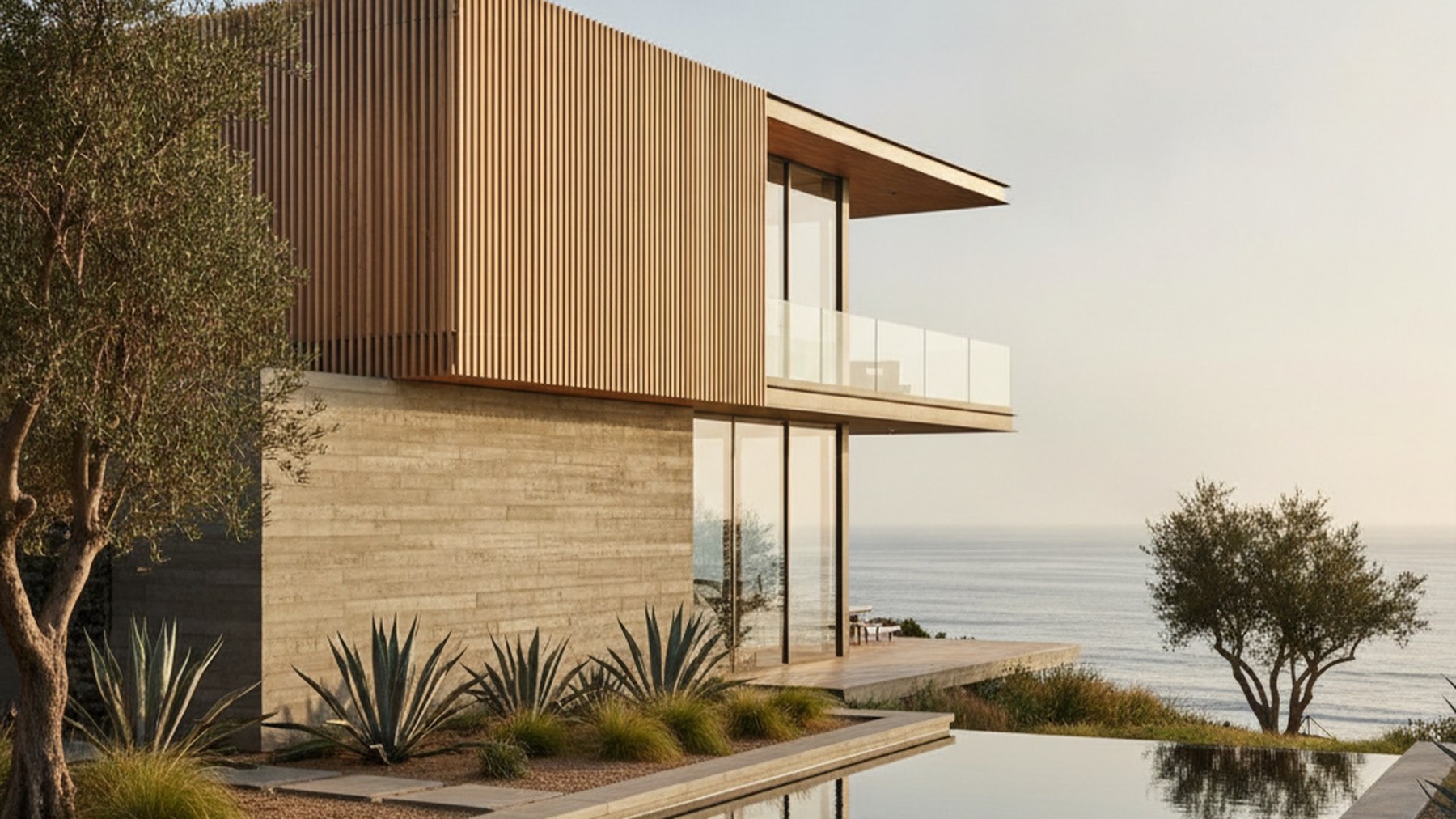 A low-slung modern house at dusk, glass wall open to a terrace