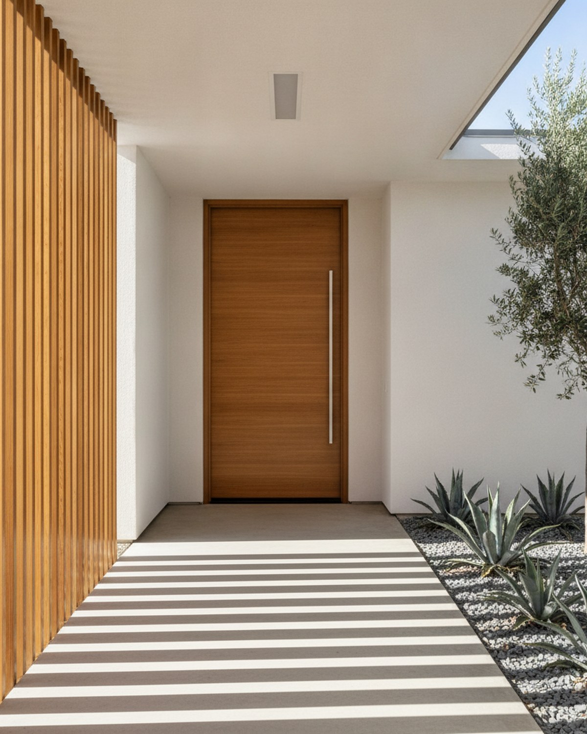 Covered modern entry breezeway with a wide walnut front door, slat screen and planted gravel bed