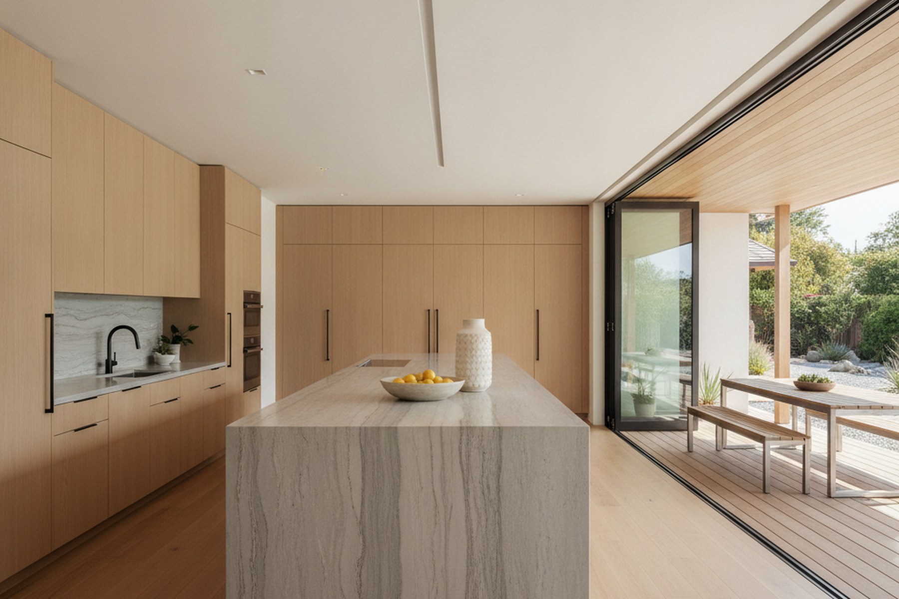 Open modern kitchen and great room with a stone island, oak cabinetry and folding glass walls opening onto a terrace