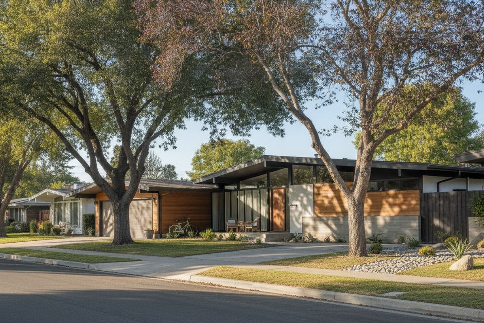 Quiet suburban street of well-kept mid-century homes with mature trees and wide rooflines