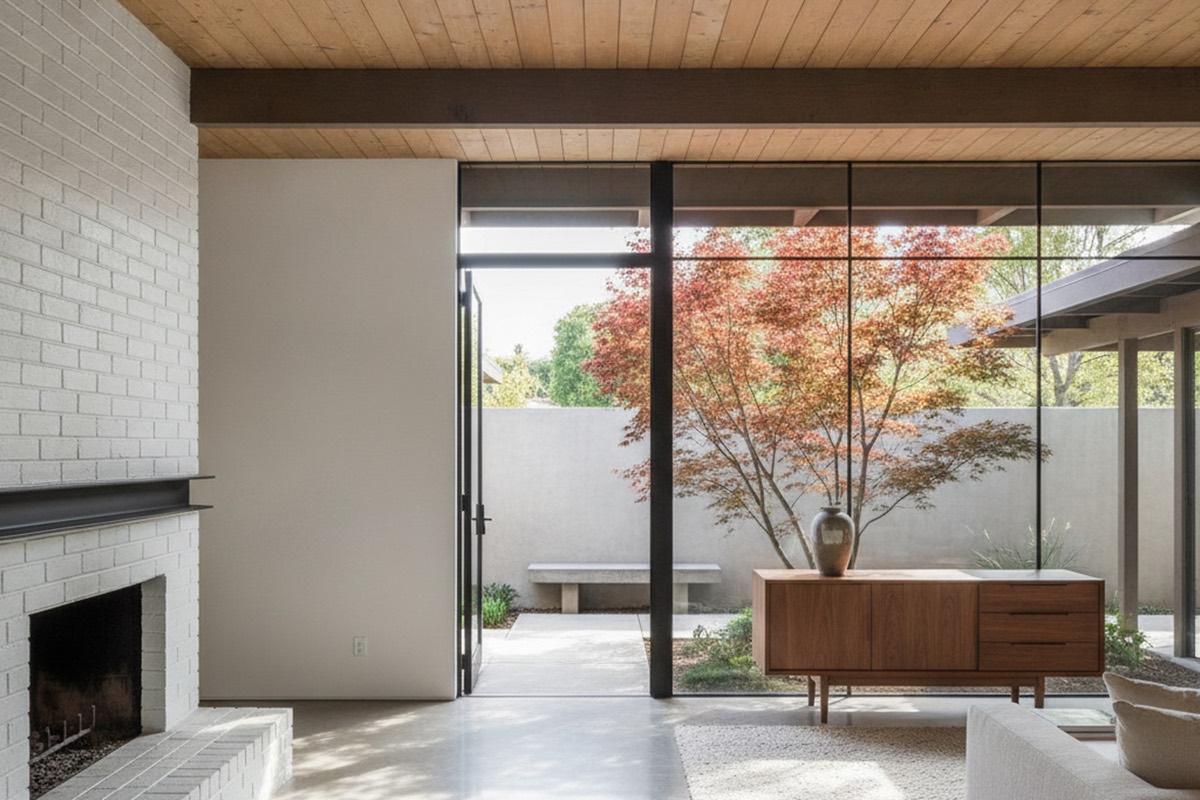 Open post-and-beam living room with an exposed wood ceiling and a full glass wall opening onto a private courtyard